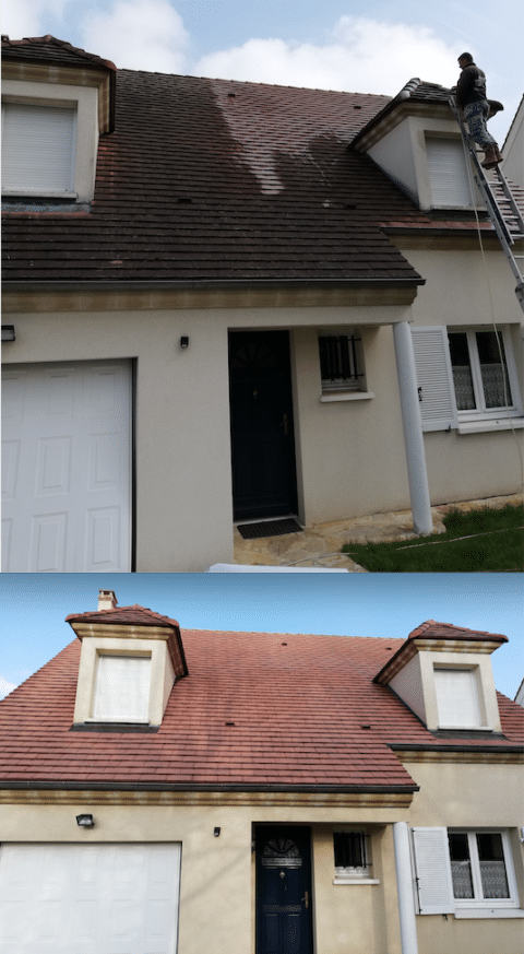 Avant/après : démoussage du toit et chiens assis refaits sur une maison du Val-d'Oise